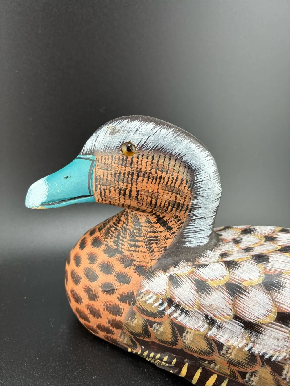Hand-Painted wood Decorative Duck Figurine in Teal and Brown